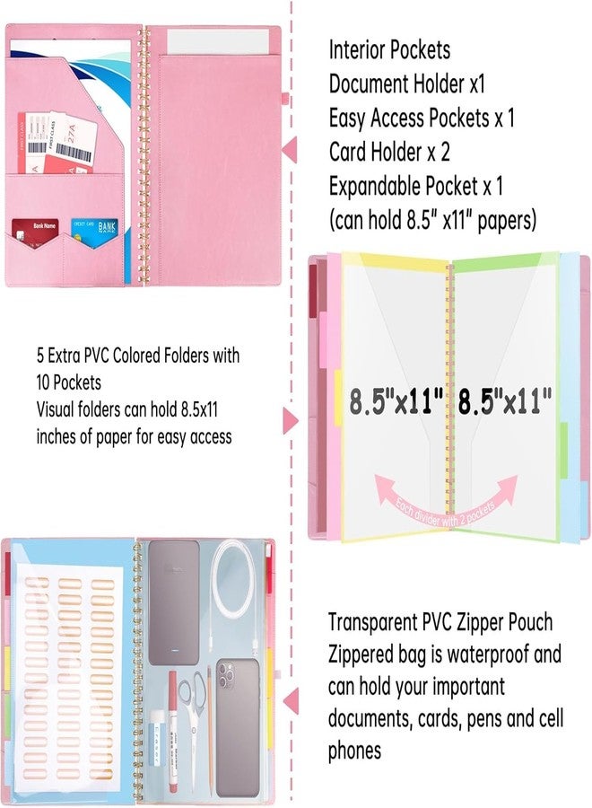 HAUTOCO Leather Clipboard Folio with Storage Zipper Pouch, Notepad, Business Card Holder, 5 Dividers with 10 Pockets, File Folder Labels, Pen Loop and Elastic Strap, Spiral Padfolio Clipboard, Pink - Image 5