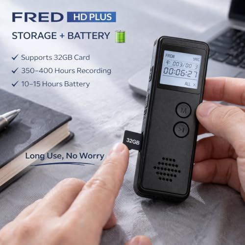 FREDI HD PLUS Voice Recorder, Digital Audio Recorder for Meetings, Lectures & Students, Portable Recording Device with Mic & Speaker, 32GB TF Card, One Button, Voice Activated (VOR), USB Rechargeable - Image 3