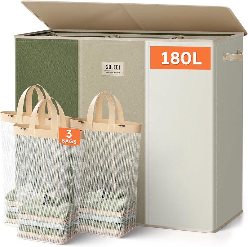 SOLEDI 180L 3-Section Laundry Hamper with Lid, Extra Large Dirty Clothes Basket with Sturdy Handles for Laundry Room & Bedroom - Durable Organizer for Sorting Laundry - Image 1