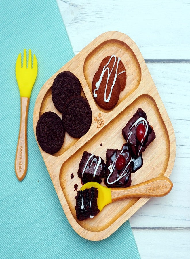 StarKiddo ®️ Bamboo Plate for Kids and Baby-Led Weaning with Spoon | 3 Sections | Non-Toxic | Super Strong Suction Cup | Food Grade (Slate-Yellow) - Image 2
