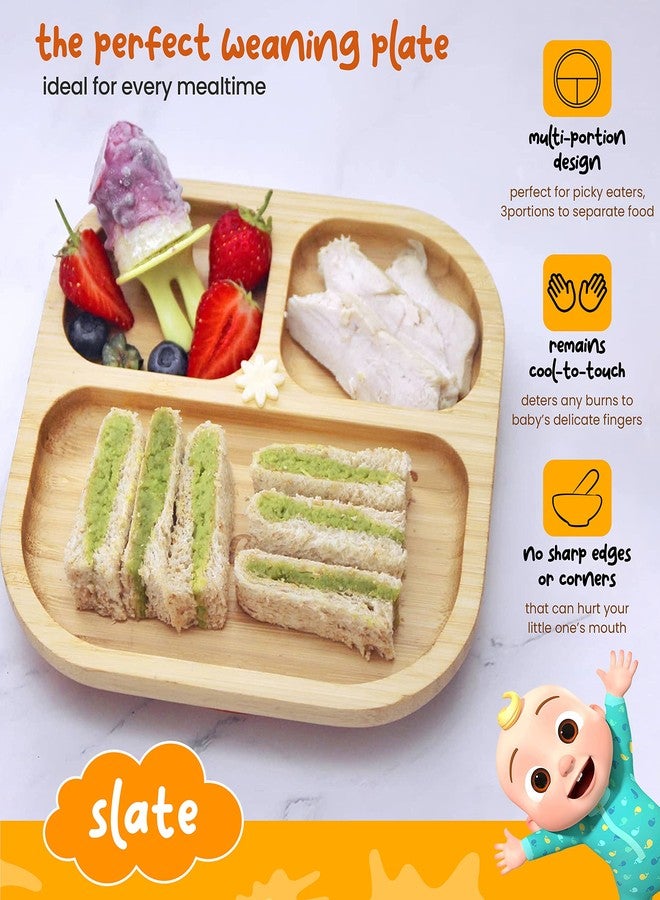 StarKiddo ®️ Bamboo Plate for Kids and Baby-Led Weaning with Spoon | 3 Sections | Non-Toxic | Super Strong Suction Cup | Food Grade (Slate-Yellow) - Image 3