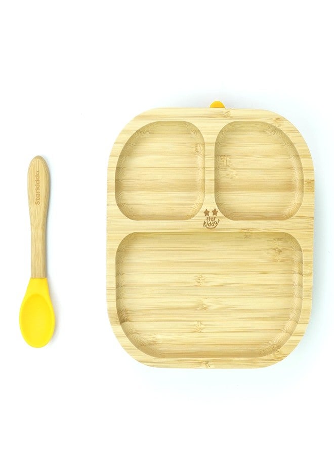StarKiddo ®️ Bamboo Plate for Kids and Baby-Led Weaning with Spoon | 3 Sections | Non-Toxic | Super Strong Suction Cup | Food Grade (Slate-Yellow) - Image 1