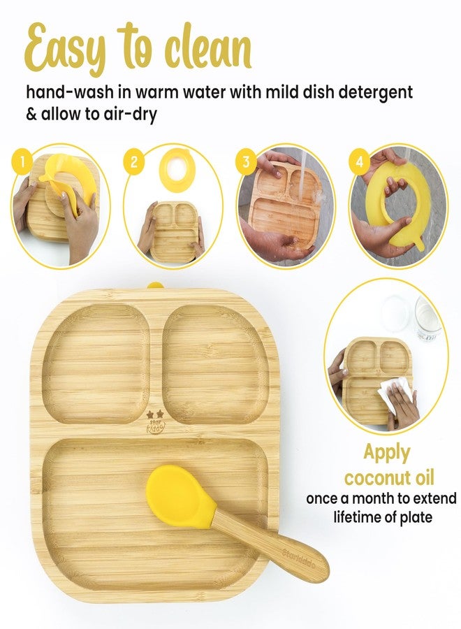 StarKiddo ®️ Bamboo Plate for Kids and Baby-Led Weaning with Spoon | 3 Sections | Non-Toxic | Super Strong Suction Cup | Food Grade (Slate-Yellow) - Image 4