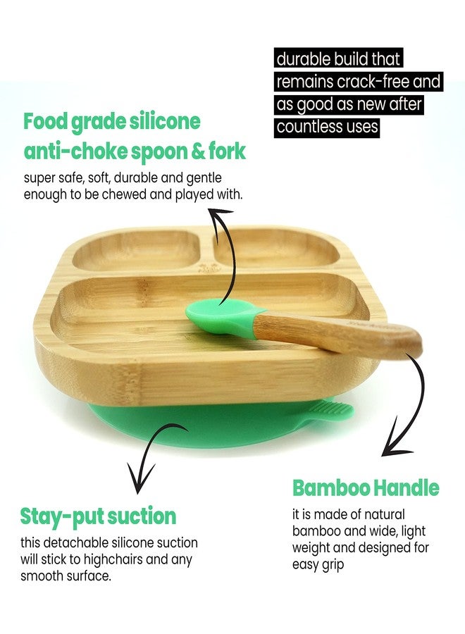 StarKiddo ®️ Bamboo Plate for Kids and Baby-Led Weaning with Spoon | 3 Sections | Non-Toxic | Super Strong Suction Cup | Food Grade (Slate-Yellow) - Image 5