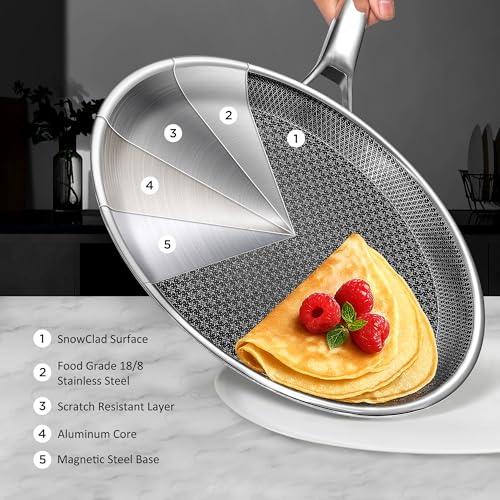 SNOWCLAD Crepe Pan,12 in Nonstick Crepe Pan, Stainless Steel Flat Skillet,Non Stick Dosa Tawa Comales Para Tortillas Pancake Pan,Dishwasher and Oven Safe Cookware,Induction Compatible, PFOA Free - Image 3