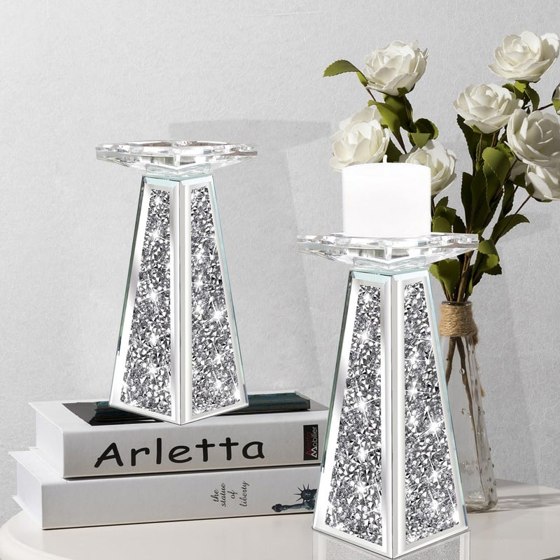 Wocred 2 Piece Candlestick Holders for Holding Pillar Candles, Crystal Crushed Diamond Candle Holders Set Decor for Dinning Room, Silver Glass Votive Candle Holders for Table Centerpiece(8â€) - Image 1