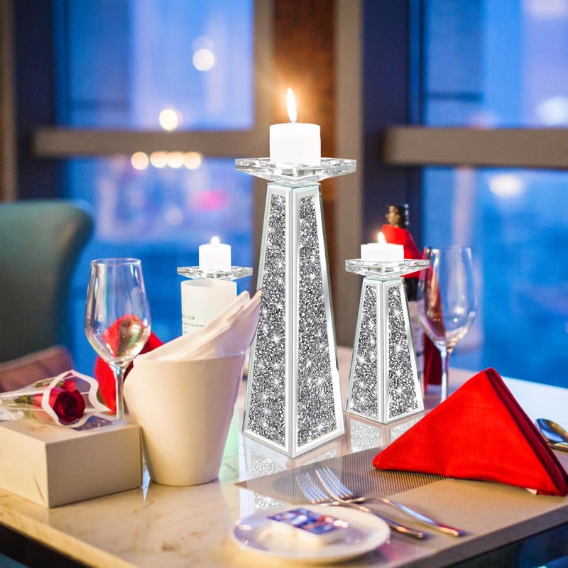 Wocred 2 Piece Candlestick Holders for Holding Pillar Candles, Crystal Crushed Diamond Candle Holders Set Decor for Dinning Room, Silver Glass Votive Candle Holders for Table Centerpiece(8â€) - Image 3