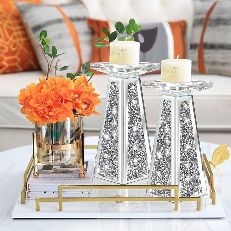 Wocred 2 Piece Candlestick Holders for Holding Pillar Candles, Crystal Crushed Diamond Candle Holders Set Decor for Dinning Room, Silver Glass Votive Candle Holders for Table Centerpiece(8â€) - Image 2
