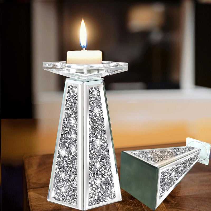 Wocred 2 Piece Candlestick Holders for Holding Pillar Candles, Crystal Crushed Diamond Candle Holders Set Decor for Dinning Room, Silver Glass Votive Candle Holders for Table Centerpiece(8â€) - Image 4