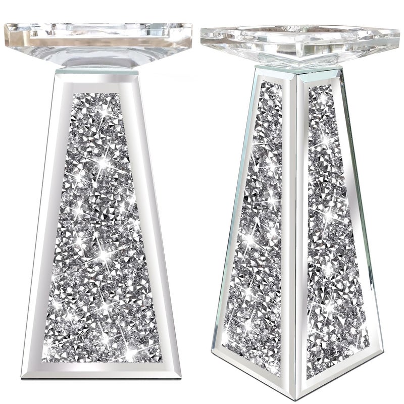 Wocred 2 Piece Candlestick Holders for Holding Pillar Candles, Crystal Crushed Diamond Candle Holders Set Decor for Dinning Room, Silver Glass Votive Candle Holders for Table Centerpiece(8â€) - Image 5