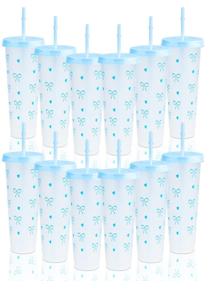 Pinsit 12Pcs 24 oz Blue Bow Plastic Cups with Straw and Lid, Reusable Coquette Bow Tie Cold Cups for Wedding Baby Shower Birthday Party Decor - Image 1