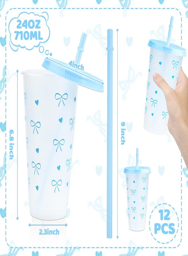 Pinsit 12Pcs 24 oz Blue Bow Plastic Cups with Straw and Lid, Reusable Coquette Bow Tie Cold Cups for Wedding Baby Shower Birthday Party Decor - Image 2