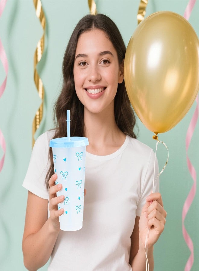 Pinsit 12Pcs 24 oz Blue Bow Plastic Cups with Straw and Lid, Reusable Coquette Bow Tie Cold Cups for Wedding Baby Shower Birthday Party Decor - Image 5