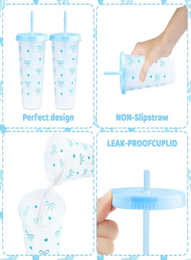 Pinsit 12Pcs 24 oz Blue Bow Plastic Cups with Straw and Lid, Reusable Coquette Bow Tie Cold Cups for Wedding Baby Shower Birthday Party Decor - Image 3