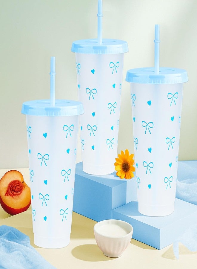 Pinsit 12Pcs 24 oz Blue Bow Plastic Cups with Straw and Lid, Reusable Coquette Bow Tie Cold Cups for Wedding Baby Shower Birthday Party Decor - Image 4