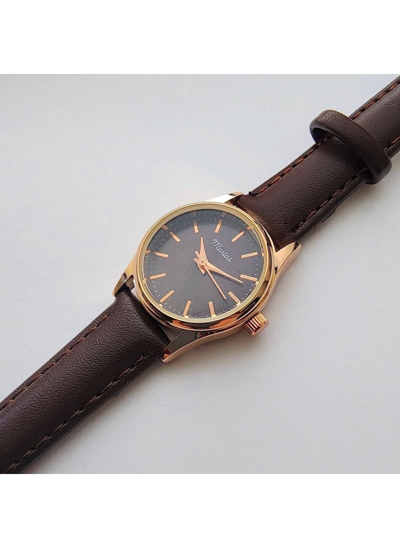 Tekno Trust Retro Women's Wristwatch, Vintage Minimal, Rose Gold Color, Striped Dial, Dark Brown Strap  - Image 4
