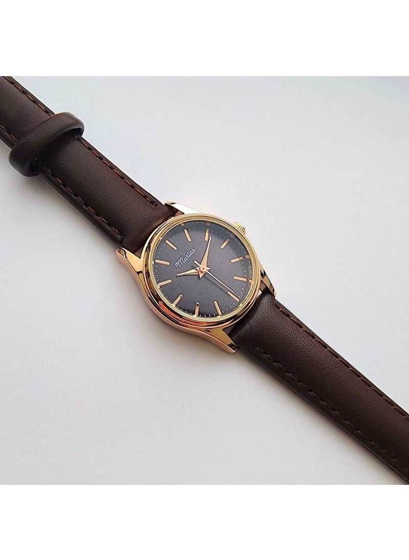Tekno Trust Retro Women's Wristwatch, Vintage Minimal, Rose Gold Color, Striped Dial, Dark Brown Strap  - Image 2
