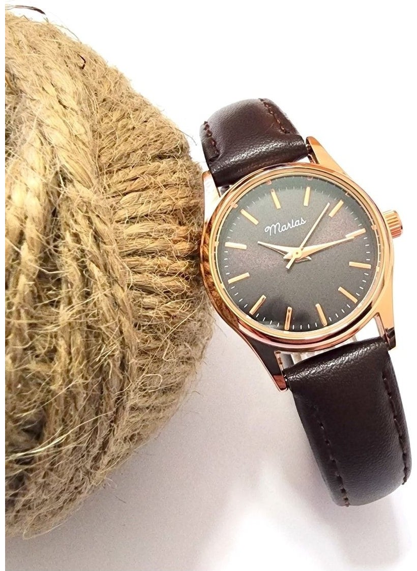 Tekno Trust Retro Women's Wristwatch, Vintage Minimal, Rose Gold Color, Striped Dial, Dark Brown Strap  - Image 1