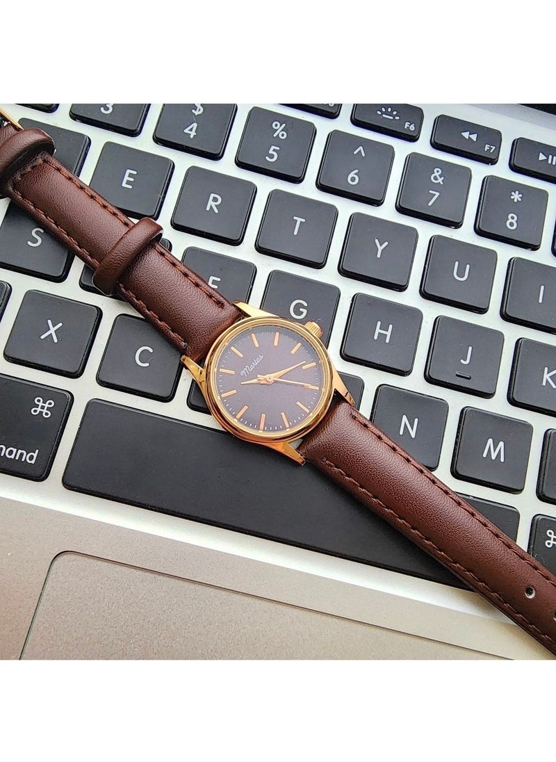 Tekno Trust Retro Women's Wristwatch, Vintage Minimal, Rose Gold Color, Striped Dial, Dark Brown Strap  - Image 3