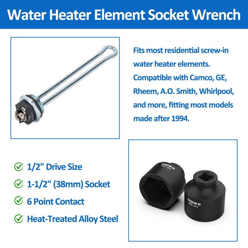 Timsec 1-1/2" Socket, Water Heater Element Wrench with 1/2" Drive, Ideal for Removing & Replacing All Residential Screw-in Water Heater Elements, Fits for Camco, GE and More, 6-Point Anti-Rounding Design - Image 3