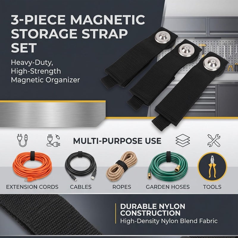 LiebeWH 3 Pcs Magnetic Storage Strap Heavy Duty Magnetic Garage Storage Tool Organizer for Garage Truck RV Workshop (B Type Flat Nut 4.3cm Magnet) - Image 5