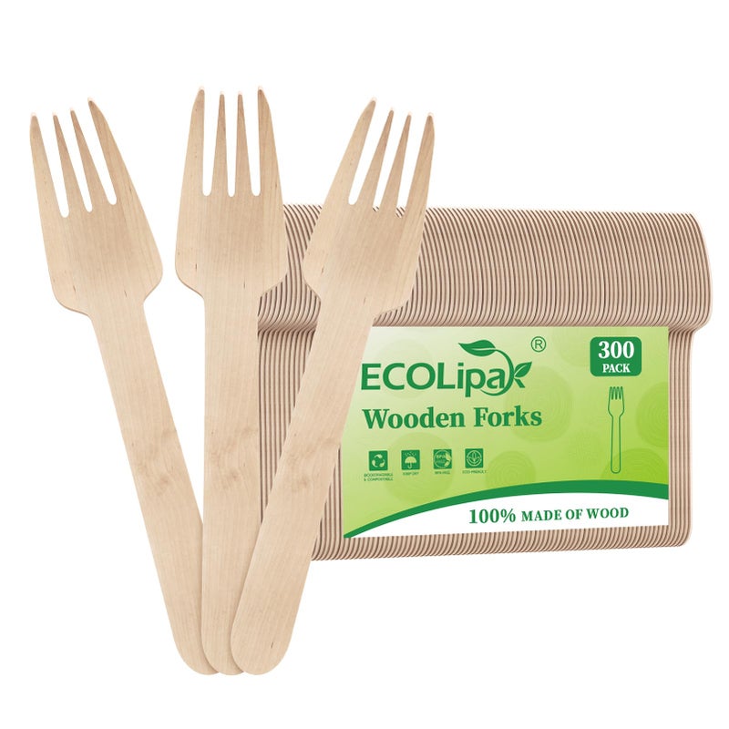 ECOLipak 300 Count Wooden Forks Disposable  Wooden Disposable Compostable Forks for Eating  Party  Camping  Traveling  Family Dinners - Image 1