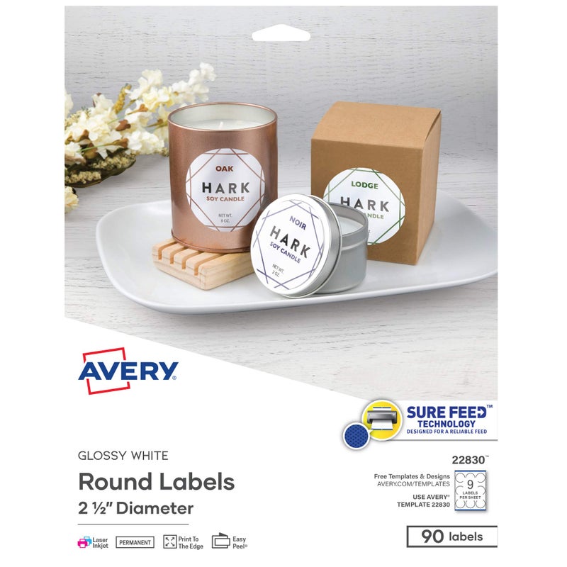 Avery Printable Round Labels with Sure Feed, 2.5" Diameter, Glossy White, 90 Customizable Labels (22830) - Image 1