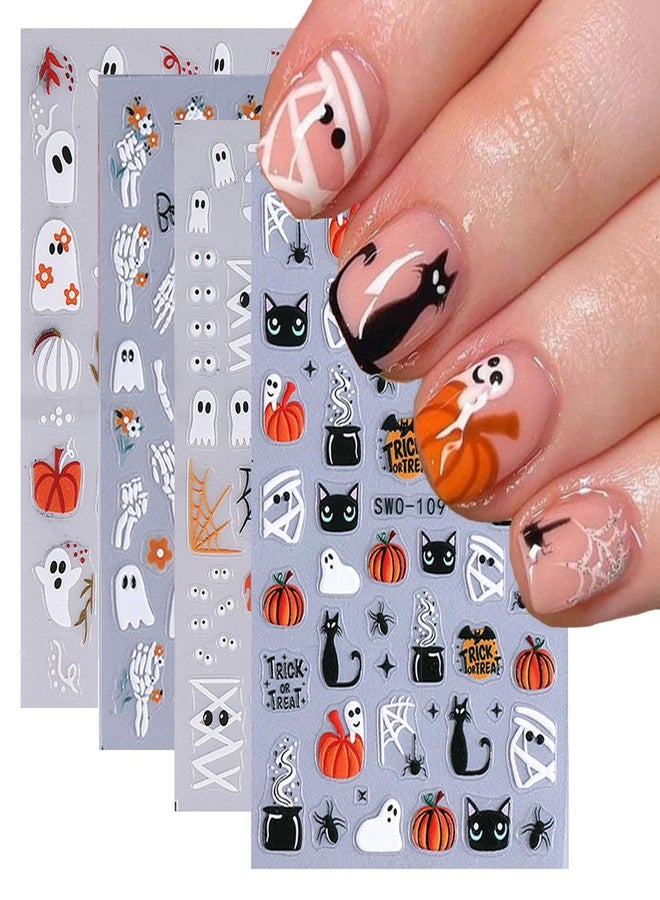 NSSHEL 4 Sheets Halloween Nail Art Stickers Self-Adhesive Cute Little Ghost & Black Cat Designs Cartoon Bat DIY Spider Web Nail Art Decals Stickers Supplies for Women Halloween Nails Art Decoration - Image 1