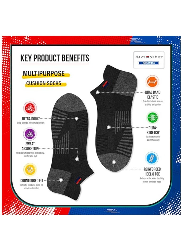 NAVYSPORT - NAVYSPORT Ankle Socks for Men Women Cotton Sports Socks Pack of 6 Pairs, Free Size, Black - Image 1