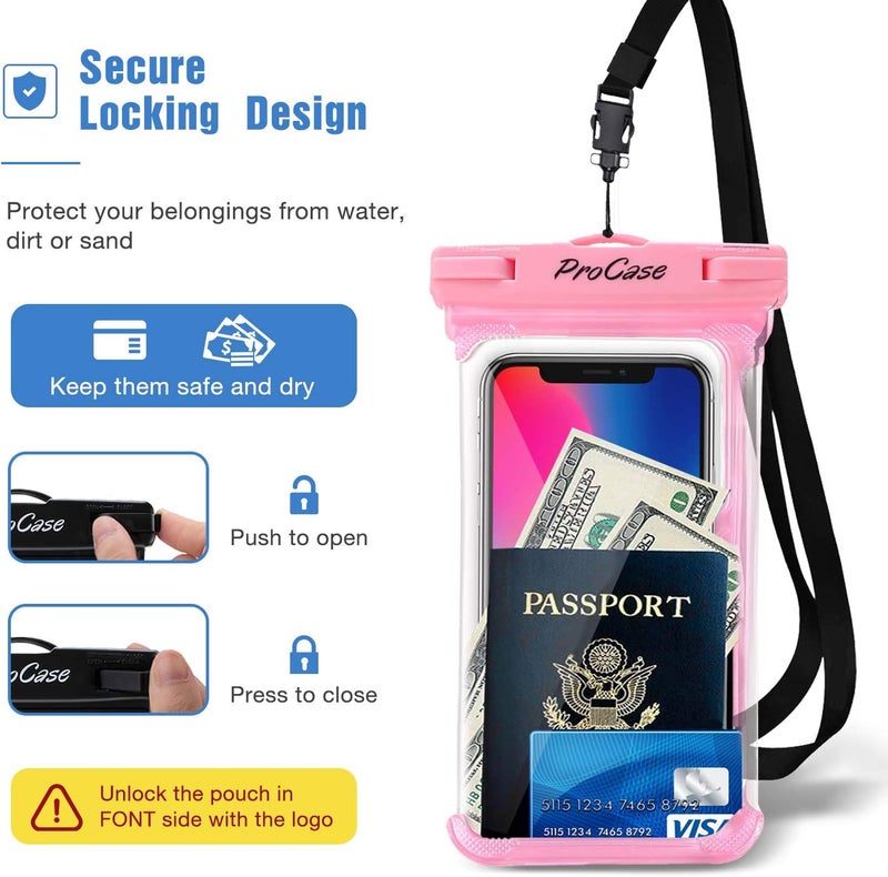 Procase 2 Pack Waterproof Phone Pouch, Underwater Phone Case Up to 7", Dry Bag for iPhone 17 Air 16 15 14 13 Pro Plus Max, Galaxy S24 S23 S22 Ultra Pixel, Beach Essentials -Pink & Black - Image 5