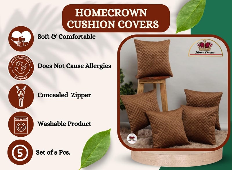 HOMECROWN Soft Quilted Velvet Cushion Covers - 16 X 16 Inch, Set Of 5 (Brown), 250 TC - Image 3