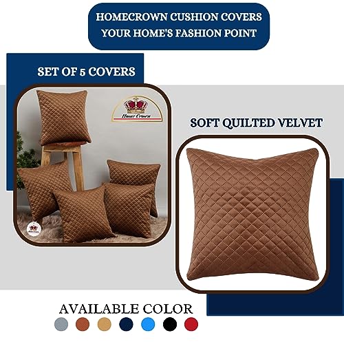 HOMECROWN Soft Quilted Velvet Cushion Covers - 16 X 16 Inch, Set Of 5 (Brown), 250 TC - Image 4