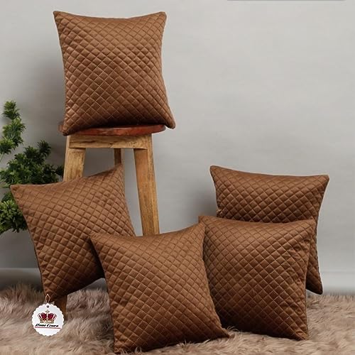 HOMECROWN Soft Quilted Velvet Cushion Covers - 16 X 16 Inch, Set Of 5 (Brown), 250 TC - Image 1