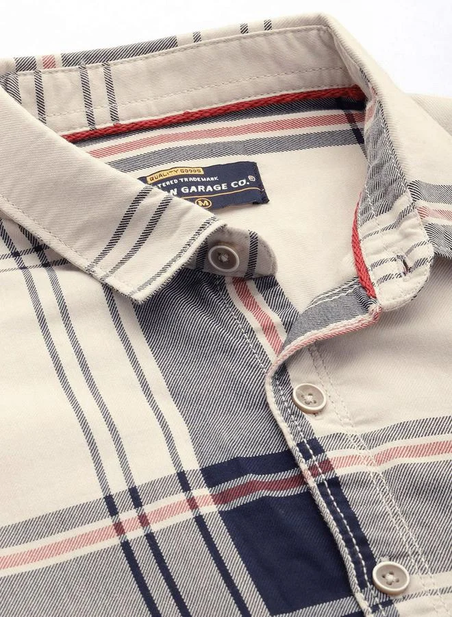 The Indian Garage Co Men Cream Checkered Slim Fit Shirt