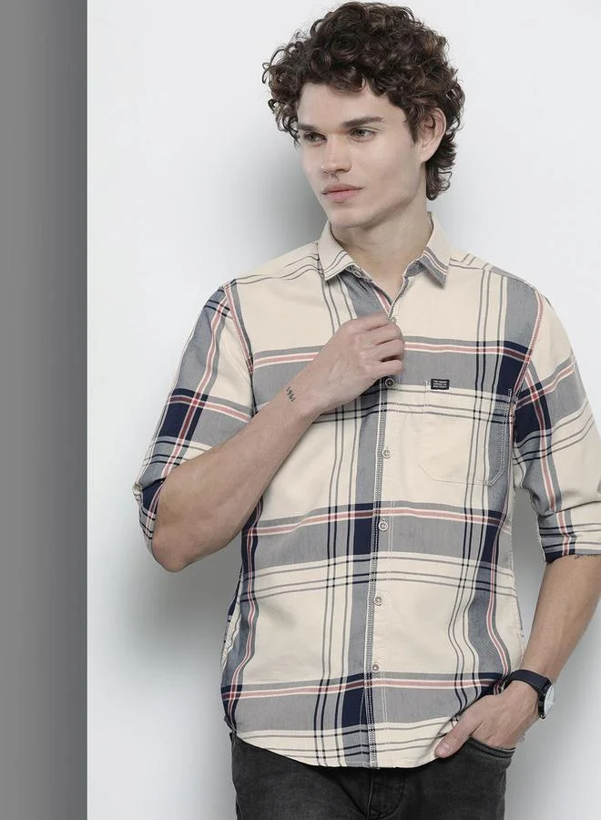 The Indian Garage Co Men Cream Checkered Slim Fit Shirt