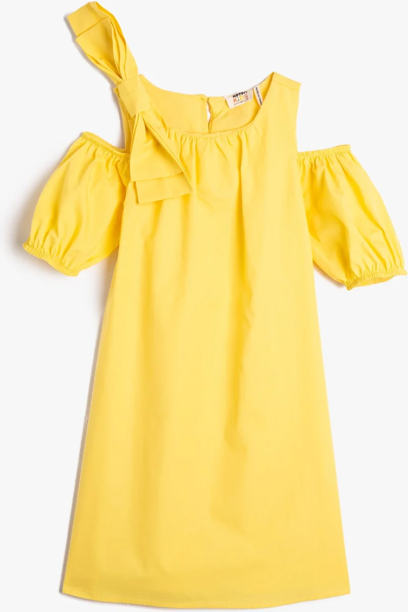 كوتون Dress Bow Detailed Window Detailed Round Neck Cotton