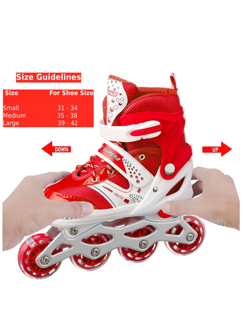 POWER - Adjustable Roller Skate Shoes LED Light Single Row Wheels, Red/White - Size Meduim 35-38 - Image 1