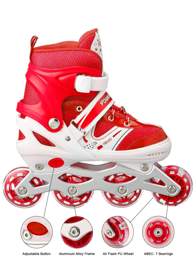 POWER - Adjustable Roller Skate Shoes LED Light Single Row Wheels, Red/White - Size Meduim 35-38 - Image 1