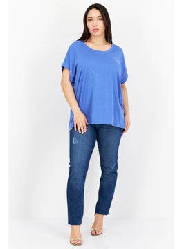 NAH/ Studio Women Crew Neck Short Sleeve Plain T Shirt, Blue  - Image 2