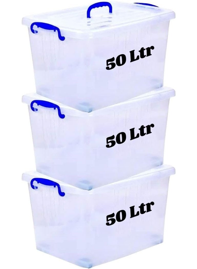 هيواري مجموعة صناديق تخزين بلاستيكية شفافة من HIWARE سعة 50 لترًا، 3 قطع، بأغطية قابلة للقفل | حاويات تنظيم شفافة للملابس والألعاب والأدوات والفنون والحرف اليدوية | حل تخزين قابل للتكديس بمقابض (3 × 50 لترًا) - Image 1