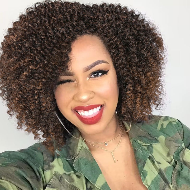 WIGER 6 inches Short Kinky Curly Wigs Ombre Brown Side Part Twist Out Wigs Afro Curly Wigs for Black Women Synthetic Wigs for Women Daily Use1B30