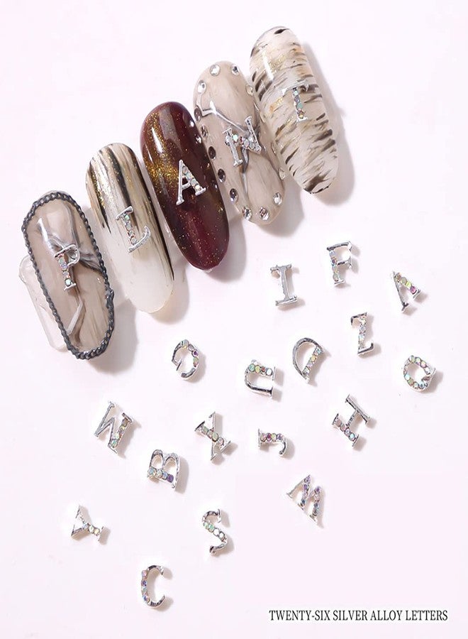 JERCLITY 52pcs 3D Metal Silver English Capital Letters Nail Charms Studs Alloy Rhinestone Nail Charms for Nails Silver Alphabet Stickers for Women Nail Art - Image 2