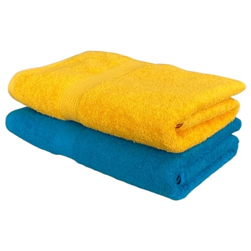 PatPug 100% Indian Ultra Soft Cotton 500 GSM Highly Absorbent, Fade Resistant, Quick Drying Large Bath Towel (Turquoise Blue and Sunrise Yellow) - Image 1
