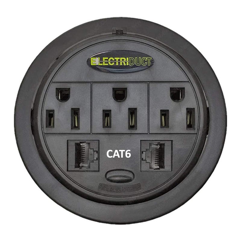 Power Tap Grommet with Hidden Power Center w/ 3 Power & 2 CAT6 - Black (Pack of 2)
