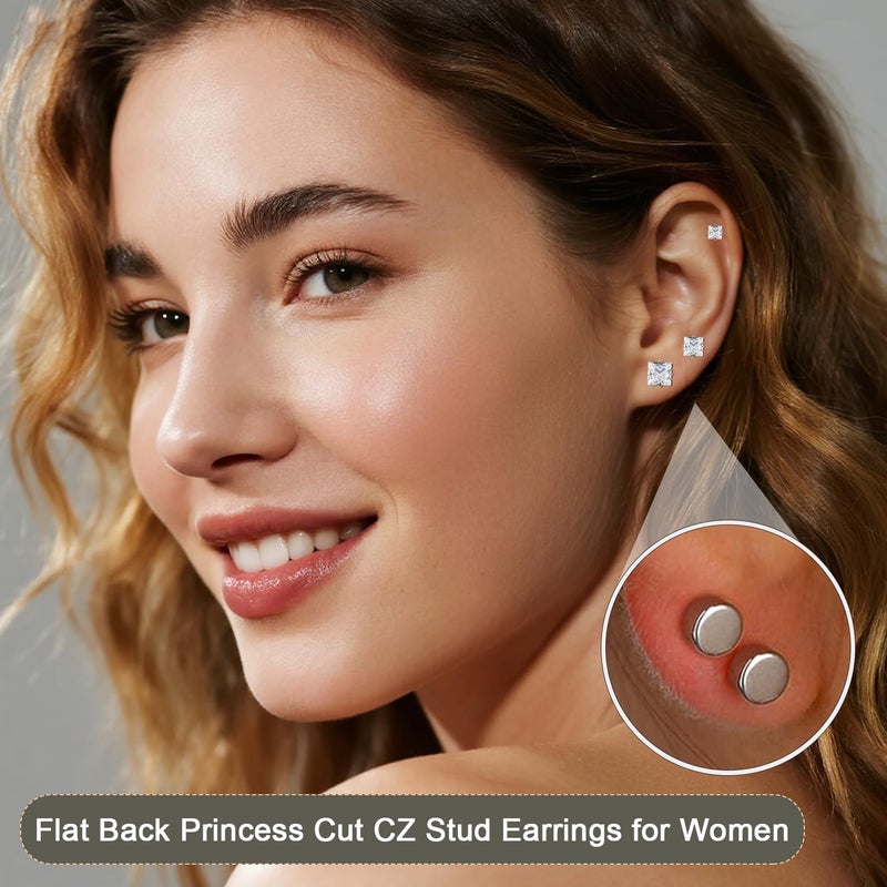 Purbeaut Princess Cut Square CZ Stud Earrings Flat Back, Screw Back Small Silver Clear Cubic Zirconia Studs Earrings Set for Women Men, Pack of 3 Pairs (3mm 4mm 5mm) - Image 3
