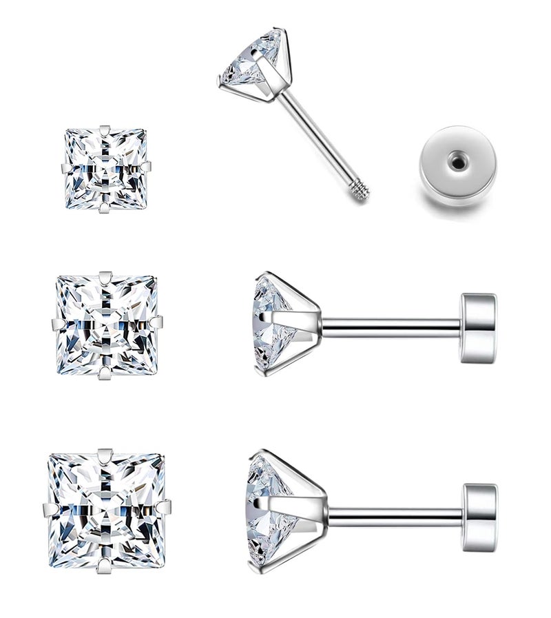 Purbeaut Princess Cut Square CZ Stud Earrings Flat Back, Screw Back Small Silver Clear Cubic Zirconia Studs Earrings Set for Women Men, Pack of 3 Pairs (3mm 4mm 5mm) - Image 1
