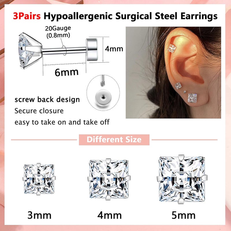 Purbeaut Princess Cut Square CZ Stud Earrings Flat Back, Screw Back Small Silver Clear Cubic Zirconia Studs Earrings Set for Women Men, Pack of 3 Pairs (3mm 4mm 5mm) - Image 2