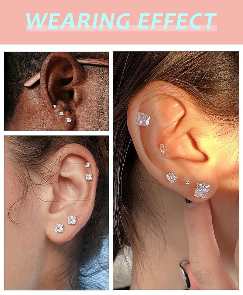 Purbeaut Princess Cut Square CZ Stud Earrings Flat Back, Screw Back Small Silver Clear Cubic Zirconia Studs Earrings Set for Women Men, Pack of 3 Pairs (3mm 4mm 5mm) - Image 4