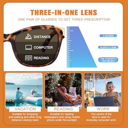 FONHCOO Progressive Multifocal Sunglasses for Women, Square No Line Reading Sunglasses Outdoor Sun Readers UV400 Protection (Tortoise 2.5) - Image 2