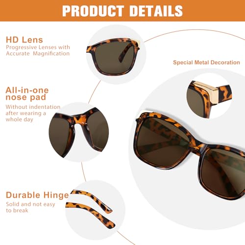 FONHCOO Progressive Multifocal Sunglasses for Women, Square No Line Reading Sunglasses Outdoor Sun Readers UV400 Protection (Tortoise 2.5) - Image 3